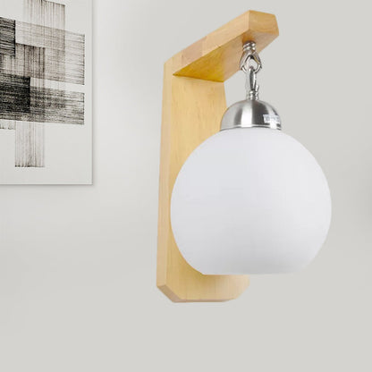 Rynx | Opal Glass Globe Shade Wall Lamp Industrial 1 Light Bedroom Lighting Fixture with Wooden Back Plate