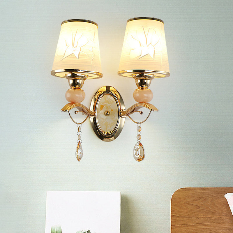 Rynx | Amber Glass Tapered Wall-mounted Light Modern 1/2-Head Wall Light in Gold with Crystal Drops