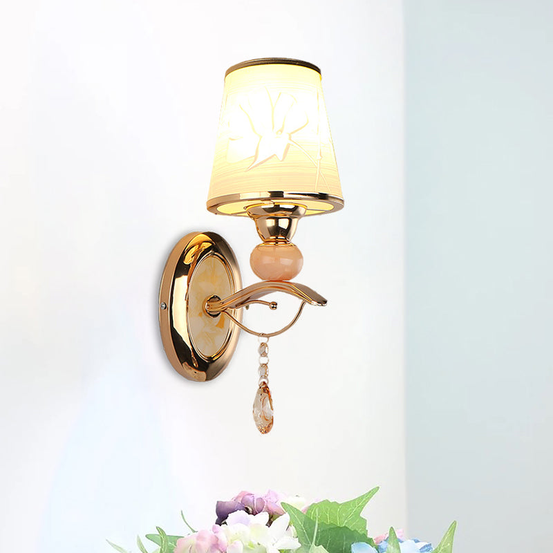 Rynx | Amber Glass Tapered Wall-mounted Light Modern 1/2-Head Wall Light in Gold with Crystal Drops