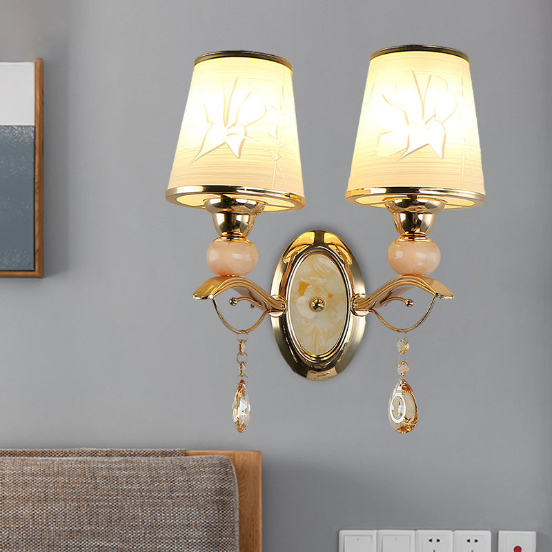 Rynx | Amber Glass Tapered Wall-mounted Light Modern 1/2-Head Wall Light in Gold with Crystal Drops