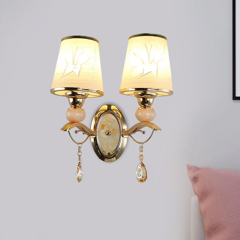 Rynx | Amber Glass Tapered Wall-mounted Light Modern 1/2-Head Wall Light in Gold with Crystal Drops