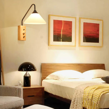 Rynx | Milk glass conical wall lamp dining room corridor 1 light modern wall light with wooden base