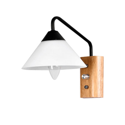 Rynx | Milk glass conical wall lamp dining room corridor 1 light modern wall light with wooden base