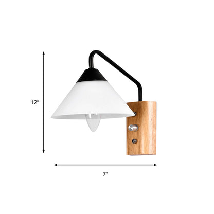 Rynx | Milk glass conical wall lamp dining room corridor 1 light modern wall light with wooden base