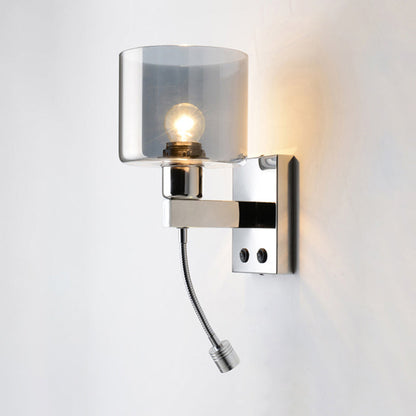 Rynx | Cylindrical gray glass wall lamp modernist 1 light chrome wall light with 1 switch/2 switches/no switch