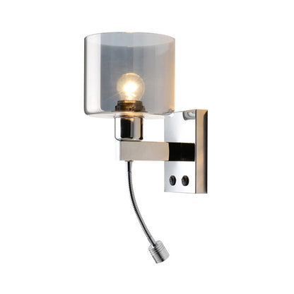 Rynx | Cylindrical gray glass wall lamp modernist 1 light chrome wall light with 1 switch/2 switches/no switch