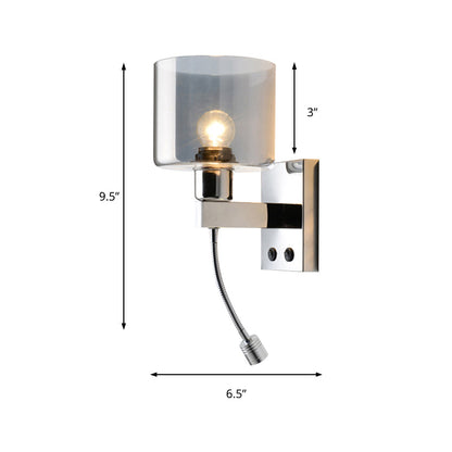 Rynx | Cylindrical gray glass wall lamp modernist 1 light chrome wall light with 1 switch/2 switches/no switch