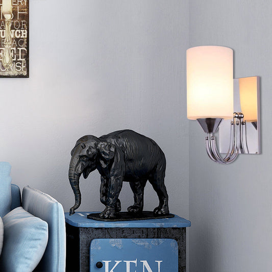 Rynx | Silver Cylindrical Wall Light Modern 1 Light White Glass Wall Mounted Lamp with Curved Arm