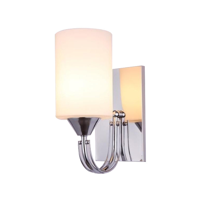 Rynx | Silver Cylindrical Wall Light Modern 1 Light White Glass Wall Mounted Lamp with Curved Arm