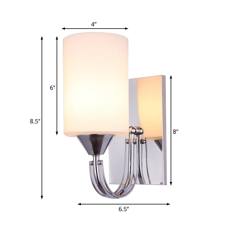 Rynx | Silver Cylindrical Wall Light Modern 1 Light White Glass Wall Mounted Lamp with Curved Arm