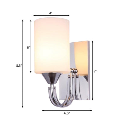 Rynx | Silver Cylindrical Wall Light Modern 1 Light White Glass Wall Mounted Lamp with Curved Arm