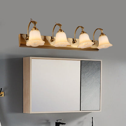 Rynx | Cream Glass Bloom Bar Light Colonial 1/2/3-Head Bathroom Vanity Lighting Fixture in Gold with Leaf Decor
