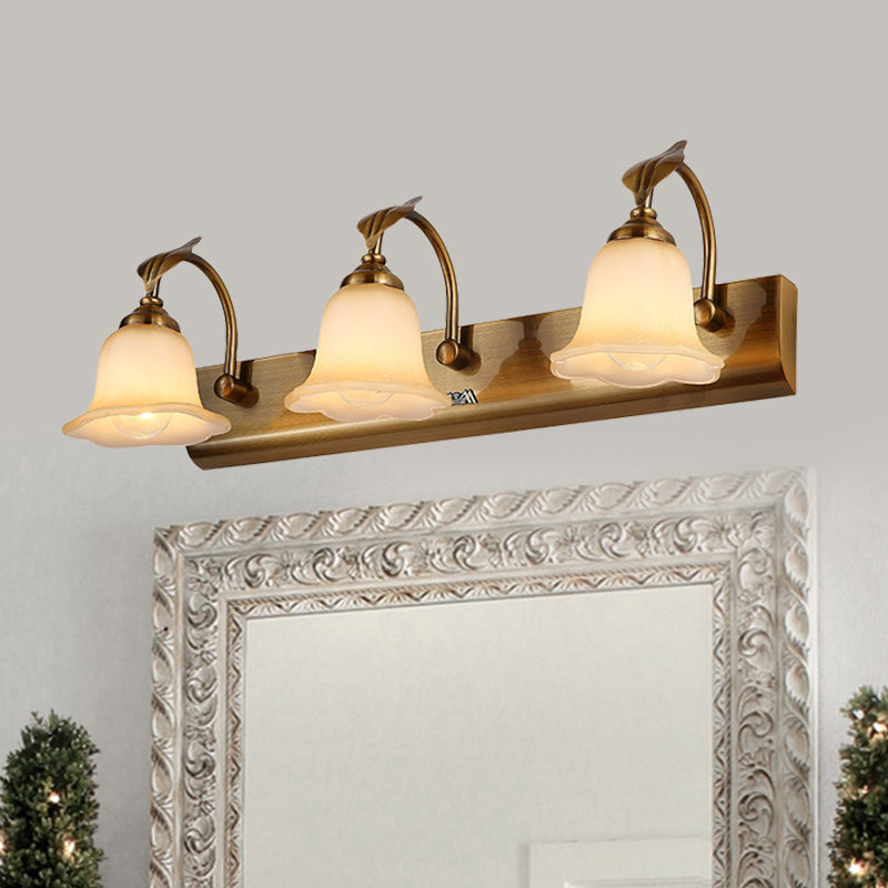 Rynx | Cream Glass Bloom Bar Light Colonial 1/2/3-Head Bathroom Vanity Lighting Fixture in Gold with Leaf Decor