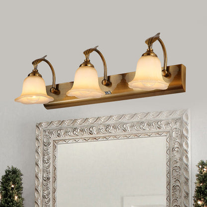 Rynx | Cream Glass Bloom Bar Light Colonial 1/2/3-Head Bathroom Vanity Lighting Fixture in Gold with Leaf Decor