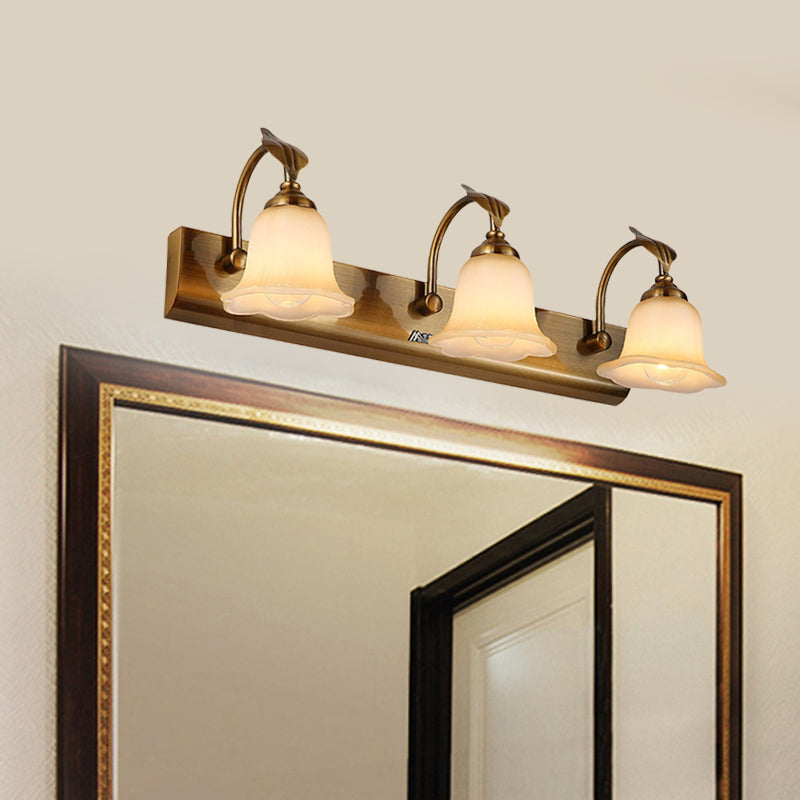Rynx | Cream Glass Bloom Bar Light Colonial 1/2/3-Head Bathroom Vanity Lighting Fixture in Gold with Leaf Decor