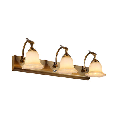 Rynx | Cream Glass Bloom Bar Light Colonial 1/2/3-Head Bathroom Vanity Lighting Fixture in Gold with Leaf Decor