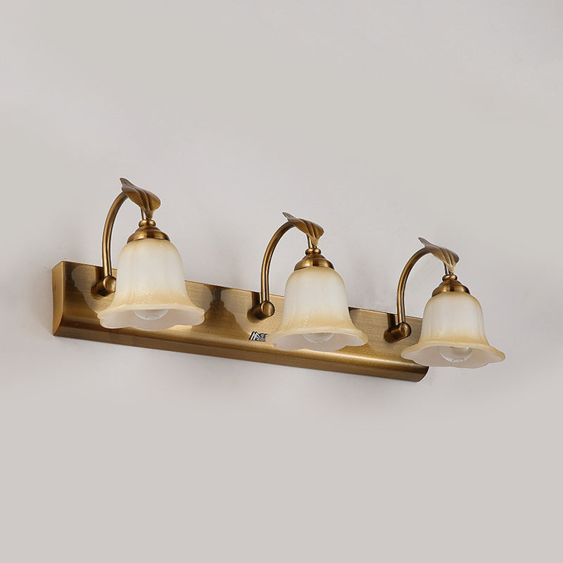 Rynx | Cream Glass Bloom Bar Light Colonial 1/2/3-Head Bathroom Vanity Lighting Fixture in Gold with Leaf Decor