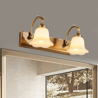 Rynx | Cream Glass Bloom Bar Light Colonial 1/2/3-Head Bathroom Vanity Lighting Fixture in Gold with Leaf Decor