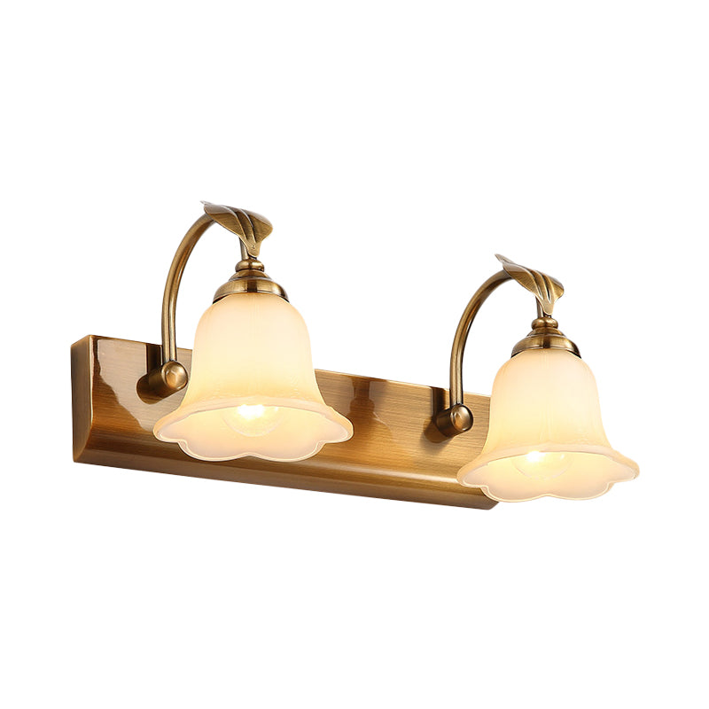 Rynx | Cream Glass Bloom Bar Light Colonial 1/2/3-Head Bathroom Vanity Lighting Fixture in Gold with Leaf Decor