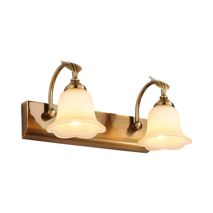 Rynx | Cream Glass Bloom Bar Light Colonial 1/2/3-Head Bathroom Vanity Lighting Fixture in Gold with Leaf Decor