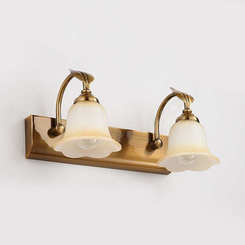 Rynx | Cream Glass Bloom Bar Light Colonial 1/2/3-Head Bathroom Vanity Lighting Fixture in Gold with Leaf Decor