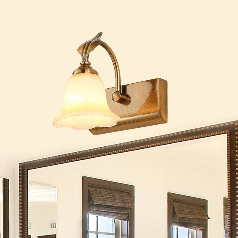 Rynx | Cream Glass Bloom Bar Light Colonial 1/2/3-Head Bathroom Vanity Lighting Fixture in Gold with Leaf Decor