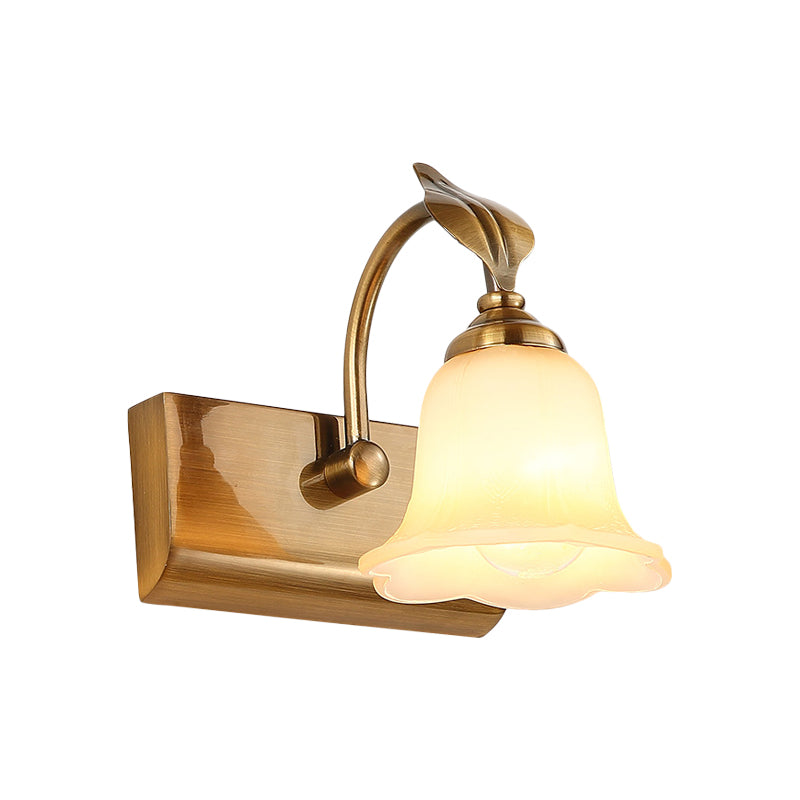 Rynx | Cream Glass Bloom Bar Light Colonial 1/2/3-Head Bathroom Vanity Lighting Fixture in Gold with Leaf Decor