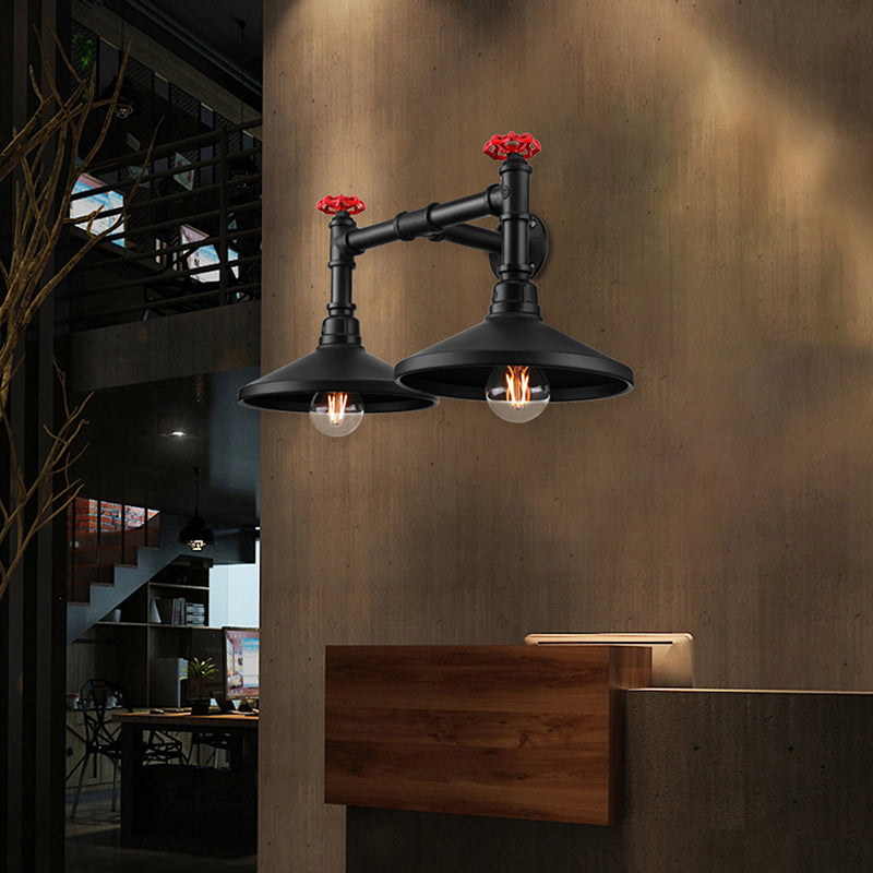 Rynx | Industrial Cone Wall Lamp with Raw Valve 2 Heads Metal Wall Light in Black for Hallway