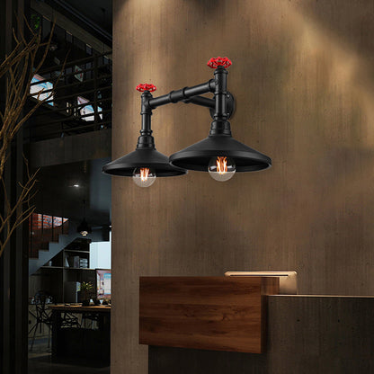 Rynx | Industrial Cone Wall Lamp with Raw Valve 2 Heads Metal Wall Light in Black for Hallway