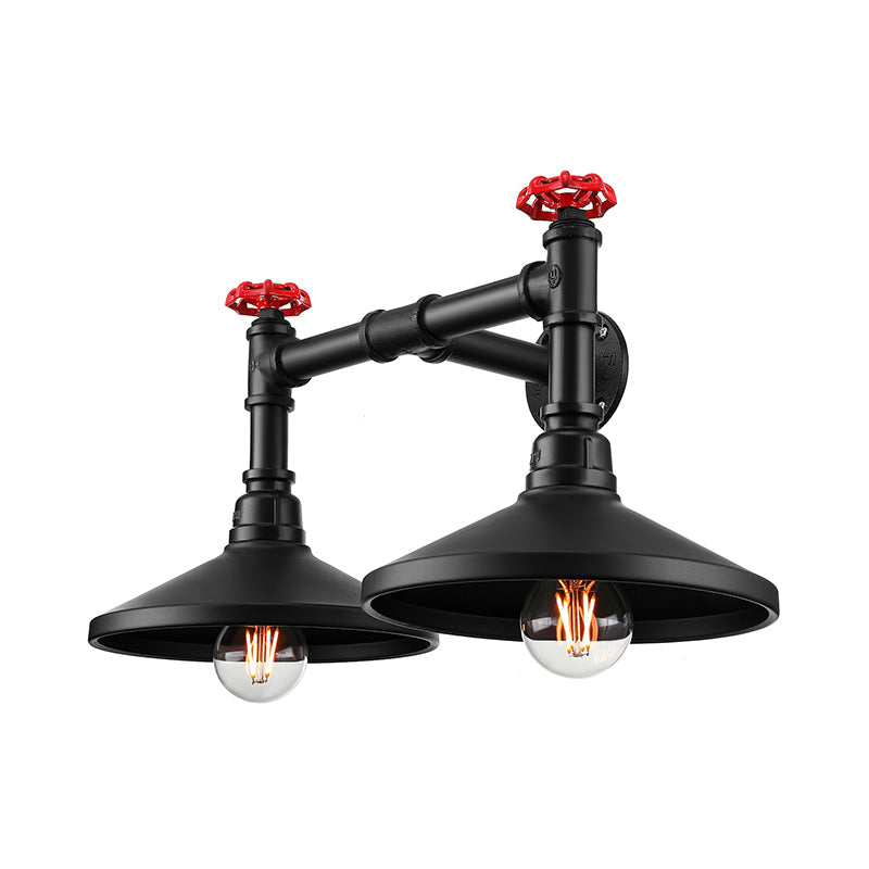 Rynx | Industrial Cone Wall Lamp with Raw Valve 2 Heads Metal Wall Light in Black for Hallway