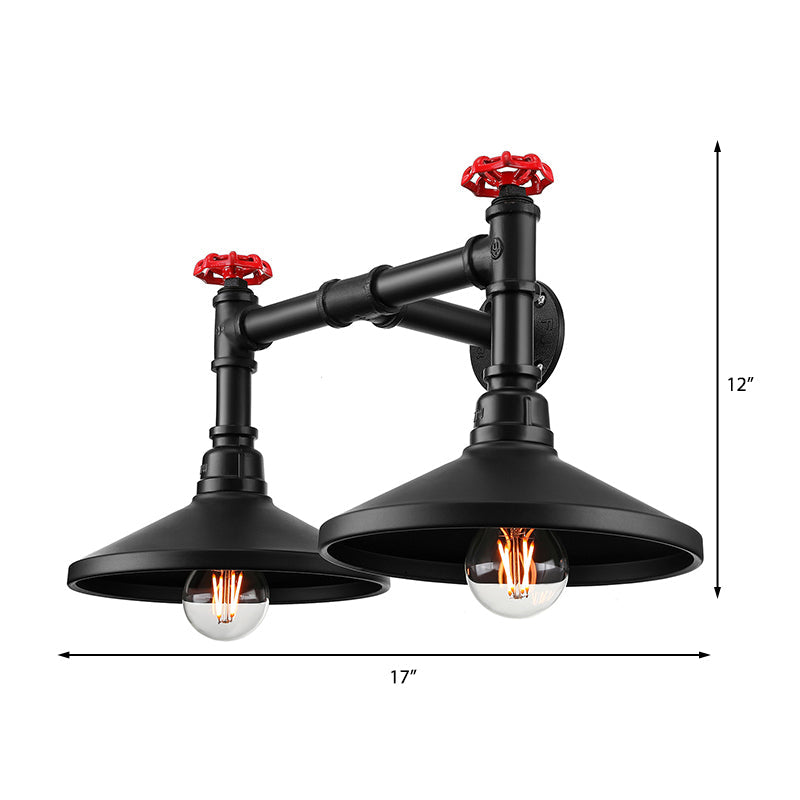 Rynx | Industrial Cone Wall Lamp with Raw Valve 2 Heads Metal Wall Light in Black for Hallway
