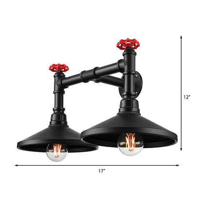 Rynx | Industrial Cone Wall Lamp with Raw Valve 2 Heads Metal Wall Light in Black for Hallway