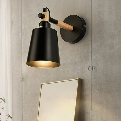Rynx | 1 Light cylindrical wall lamp fixture in modernist style Black metal wall lamp with wood connection for the bedroom