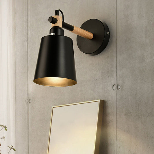Rynx | 1 Light cylindrical wall lamp fixture in modernist style Black metal wall lamp with wood connection for the bedroom