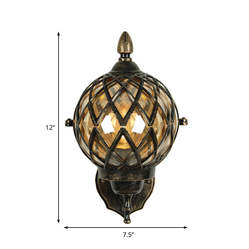Rynx | 1 Light Amber Glass Wall Lamp Light Industrial Black Ball Dining Room Lighting Fixture with Cage