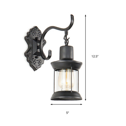Rynx | Lantern Clear Glass Wall Mounted Lamp Vintage Single Bulb Outdoor Wall Light in Black with Carved Pattern