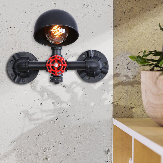 Rynx | Steampunk Dome Wall Lamp Fixture with Valve Wheel 1 Head Metallic Wall Light in Black for Living Room