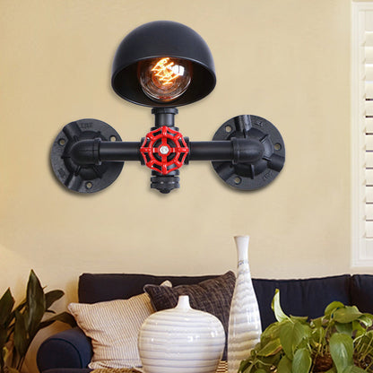 Rynx | Steampunk Dome Wall Lamp Fixture with Valve Wheel 1 Head Metallic Wall Light in Black for Living Room