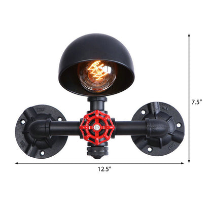Rynx | Steampunk Dome Wall Lamp Fixture with Valve Wheel 1 Head Metallic Wall Light in Black for Living Room