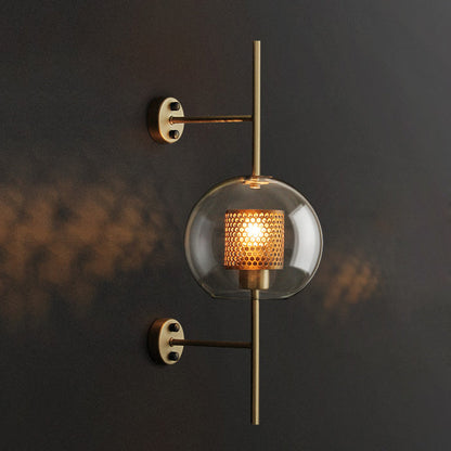 Rynx | 8"/9.5" W Global Bedroom Wall Light Colonial Clear Glass 1 Light Bronze/Silver Gray Wall Lamp with Inner Cylinder Wire Mesh
