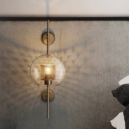 Rynx | 8"/9.5" W Global Bedroom Wall Light Colonial Clear Glass 1 Light Bronze/Silver Gray Wall Lamp with Inner Cylinder Wire Mesh