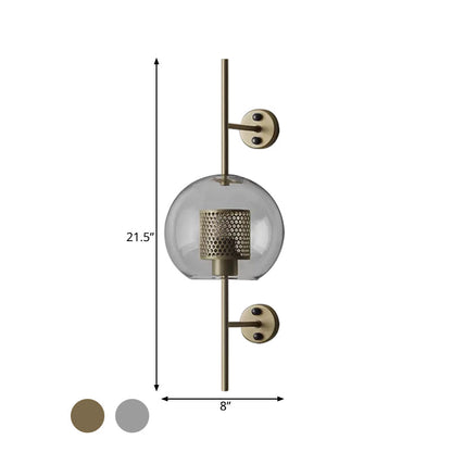 Rynx | 8"/9.5" W Global Bedroom Wall Light Colonial Clear Glass 1 Light Bronze/Silver Gray Wall Lamp with Inner Cylinder Wire Mesh