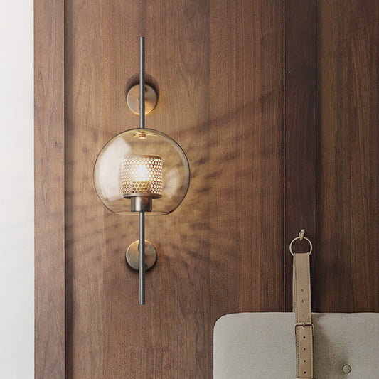 Rynx | 8"/9.5" W Global Bedroom Wall Light Colonial Clear Glass 1 Light Bronze/Silver Gray Wall Lamp with Inner Cylinder Wire Mesh
