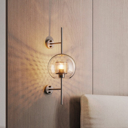 Rynx | 8"/9.5" W Global Bedroom Wall Light Colonial Clear Glass 1 Light Bronze/Silver Gray Wall Lamp with Inner Cylinder Wire Mesh
