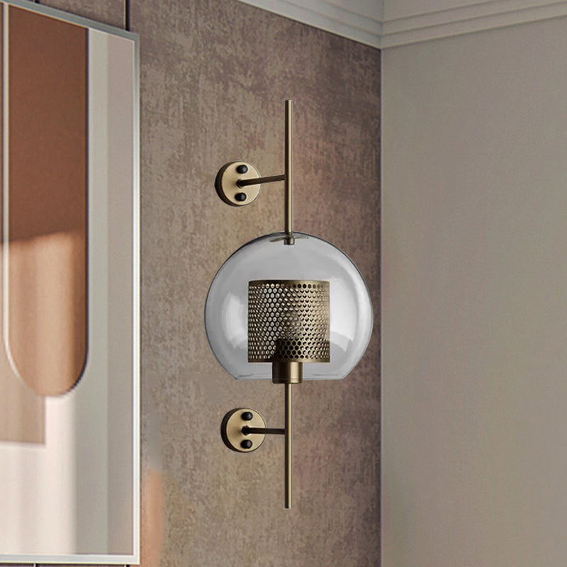 Rynx | 8"/9.5" W Global Bedroom Wall Light Colonial Clear Glass 1 Light Bronze/Silver Gray Wall Lamp with Inner Cylinder Wire Mesh