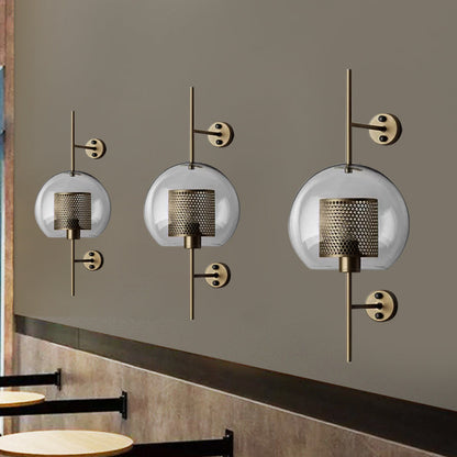 Rynx | 8"/9.5" W Global Bedroom Wall Light Colonial Clear Glass 1 Light Bronze/Silver Gray Wall Lamp with Inner Cylinder Wire Mesh