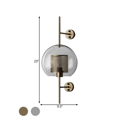 Rynx | 8"/9.5" W Global Bedroom Wall Light Colonial Clear Glass 1 Light Bronze/Silver Gray Wall Lamp with Inner Cylinder Wire Mesh
