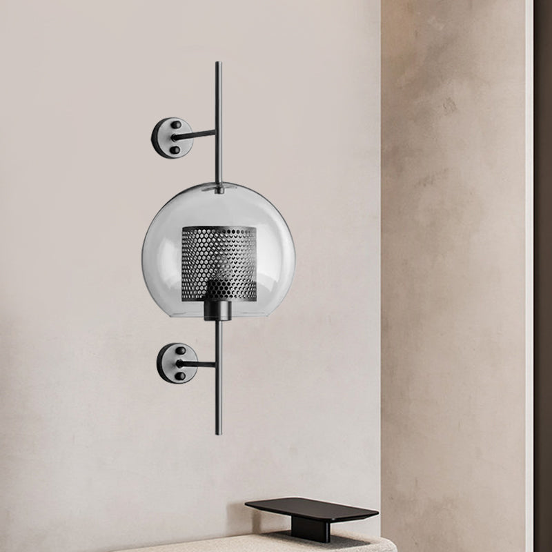 Rynx | 8"/9.5" W Global Bedroom Wall Light Colonial Clear Glass 1 Light Bronze/Silver Gray Wall Lamp with Inner Cylinder Wire Mesh