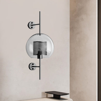 Rynx | 8"/9.5" W Global Bedroom Wall Light Colonial Clear Glass 1 Light Bronze/Silver Gray Wall Lamp with Inner Cylinder Wire Mesh