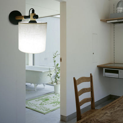 Rynx | Fabric Cylindrical Wall Light Modernist 1 Light Bedroom Wall Mounted Light with Wood Connection in Black/White